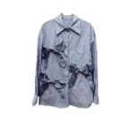 Top Blue Vertical Stripe Tie Bow Loose Shirt