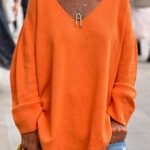Solid color V-neck long sleeved loose casual comfortable top versatile long sleeved knitted sweater women's clothing