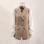 Long sleeved temperament contrasting color splicing suit jacket women's trendy diagonal button suit top