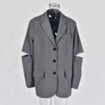 Hollow out long sleeved gray suit with loose single breasted casual jacket for women trendy