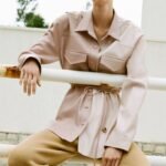 Artificial leather color blocked shirt for women's casual loose waistband long sleeved shirt